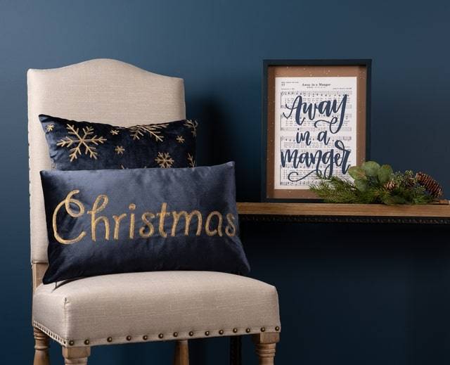 melrose Christmas snowflake pillows blue velvet with gold embroidery