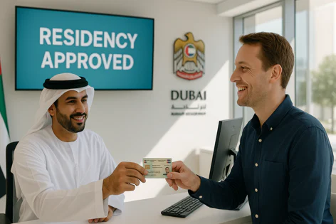 A smiling UAE official in traditional attire hands an ID card to a man at a desk, with a screen showing "RESIDENCY APPROVED" and the Dubai government logo in the background.