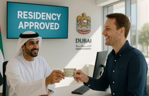 A smiling UAE official in traditional attire hands an ID card to a man at a desk, with a screen showing "RESIDENCY APPROVED" and the Dubai government logo in the background.