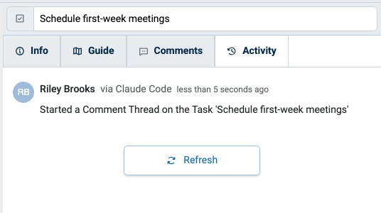An Activity tab whose row reads Riley Brooks via Claude Code