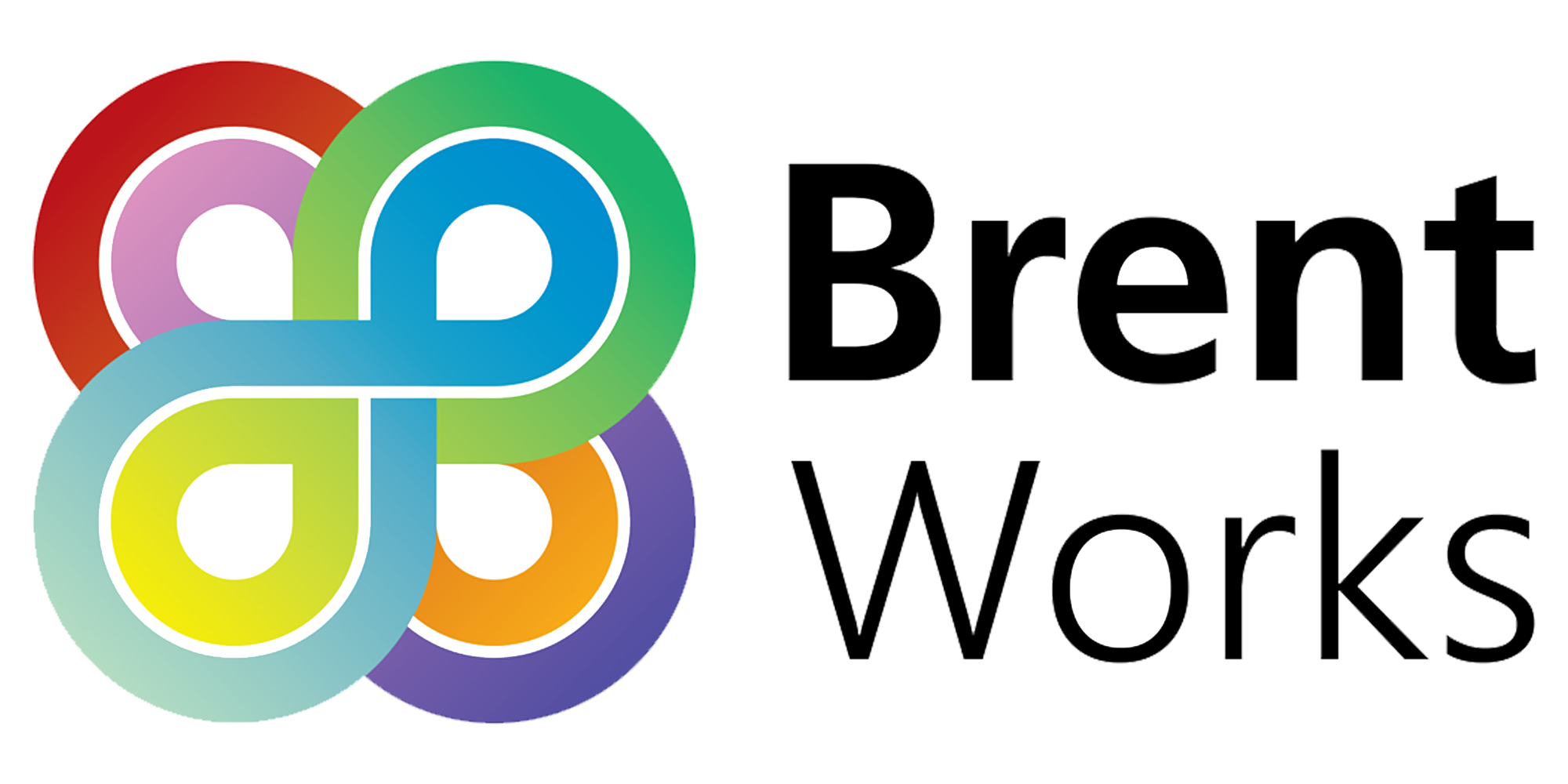 Logo showing a multicolored, interwoven design next to the text Brent Works in bold black letters. The design features overlapping loops in green, blue, purple, orange, red, and teal.