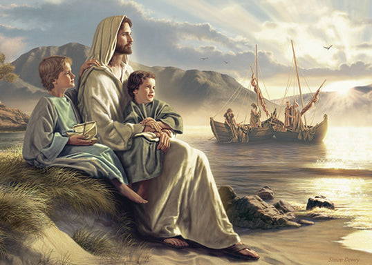Jesus sitting on the shore with tow young boys watching fisherman at work. 