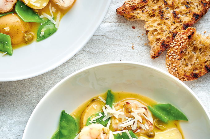 Fricassée de crevettes et de grelots à la sauce <i>piccata</i>