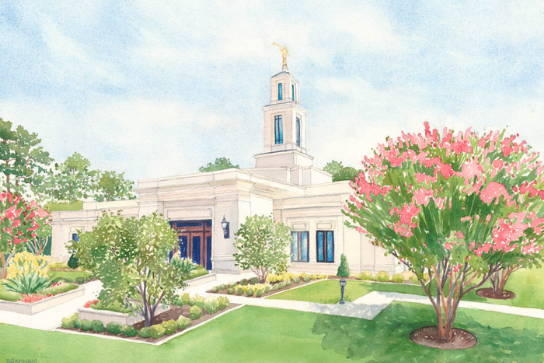 Painting of the New Raleigh Temple and grounds. The trees are full of pink blossoms. 