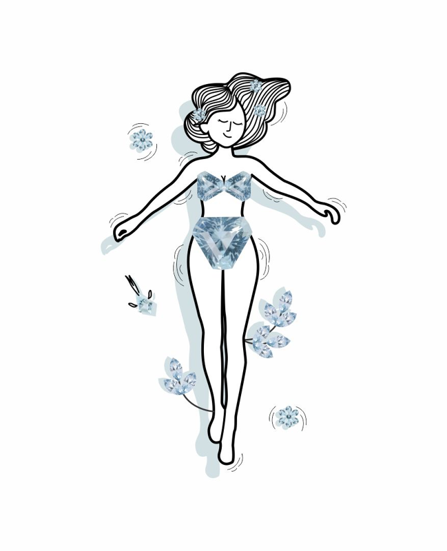 An illustration of a woman wearing aquamarine swimsuit