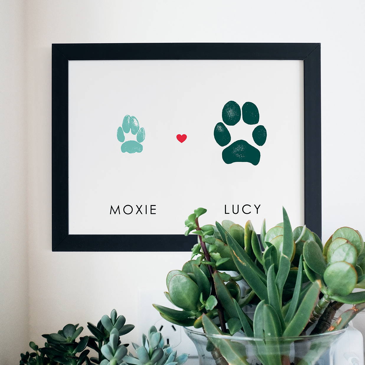 cats paw print and dogs paw print impressions on wall in frame
