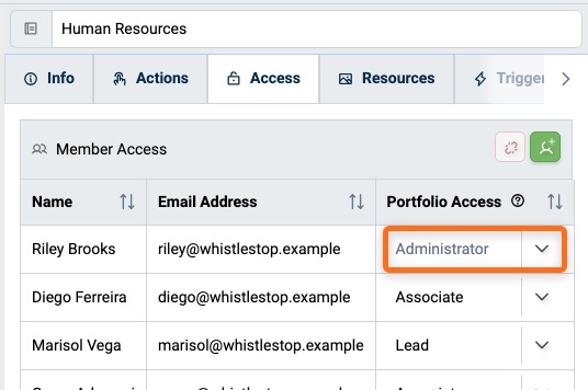 Access tab of a Portfolio listing its members and their Portfolio Access