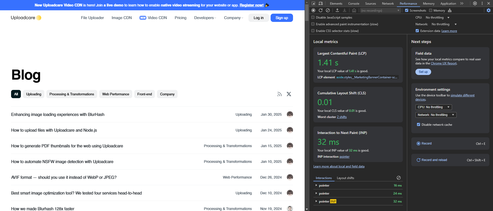 Core Web Vitals displayed inside the DevTools Performance tab