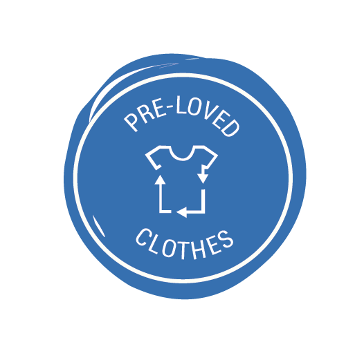 Image of a blue, circular Ducky Zebra icon with the text: 'Pre-loved clothes'