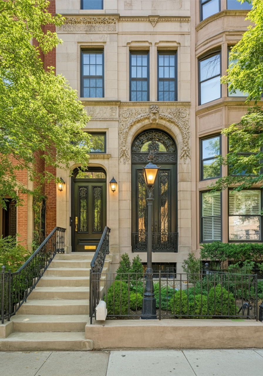 Historic Gold Coast brownstone with ornate limestone facade and wrought-iron details, representing the architectural heritage that makes this neighborhood unique. Well-maintained landscaping and classic streetlamps frame the entrance, illustrating why these properties attract multiple competitive offers regardless of market conditions.