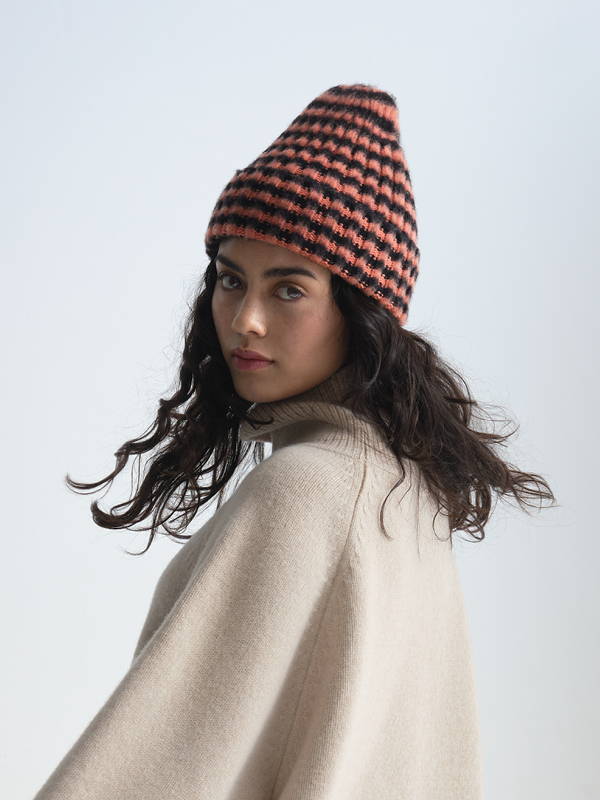 Model wears Brushed Narrow Stripe Hat