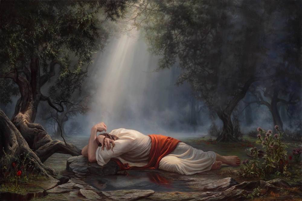Jesus praying in the Gardent of Gethsemane.