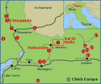 Map of the bouldering areas at Val di Mello, Valmasino and Cimaganda, in northern Italy