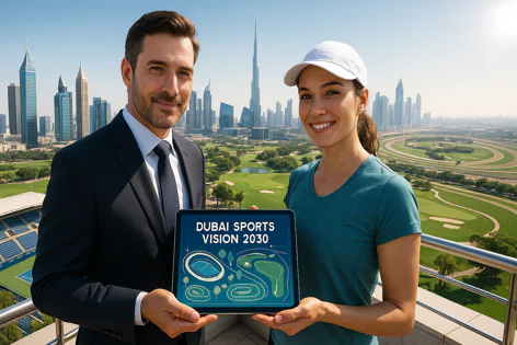 Man in suit and woman in white cap hold a tablet displaying 'Dubai Sports Vision 2030', overlooking the Dubai skyline, sports stadium, golf course, and race track.