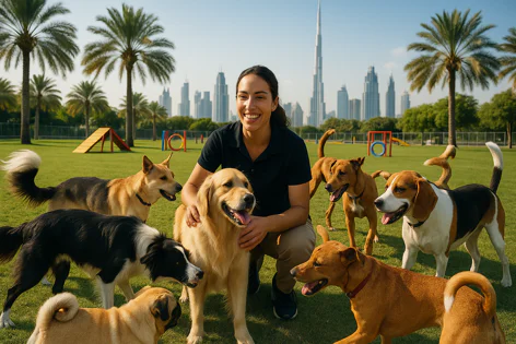 A smiling woman pets a golden retriever among various dogs including a beagle and border collie in a sunny park with palm trees and the Dubai skyline.