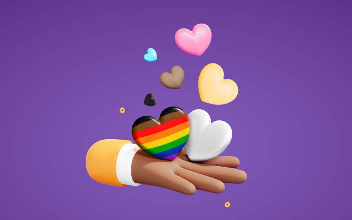 An outstretched hand holding hearts themed in various colors and one like a Pride flag for Confetti's Virtual Diversity Equity and Inclusion Training