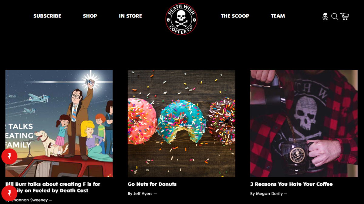 Screenshot of Death Wish Coffee Blog, from the shopify blog examples collection.