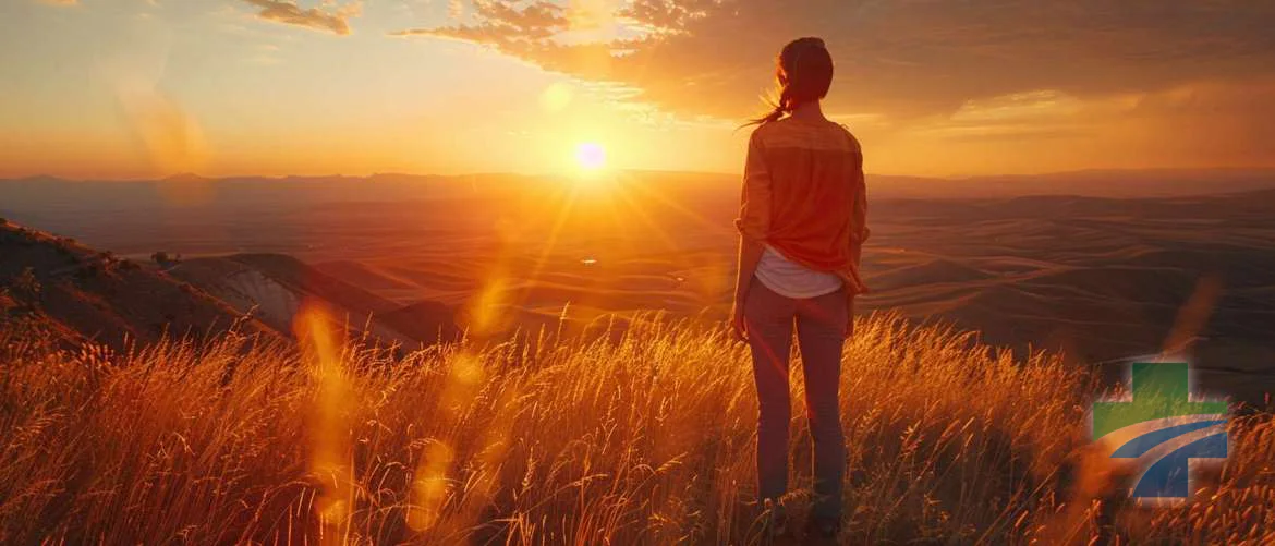 Contemplative travel nurse enjoys a serene moment at sunset.