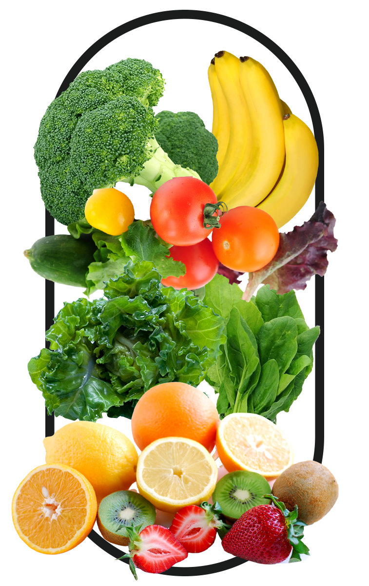 A compilation of fruits and vegetables that contains L-Glutathione