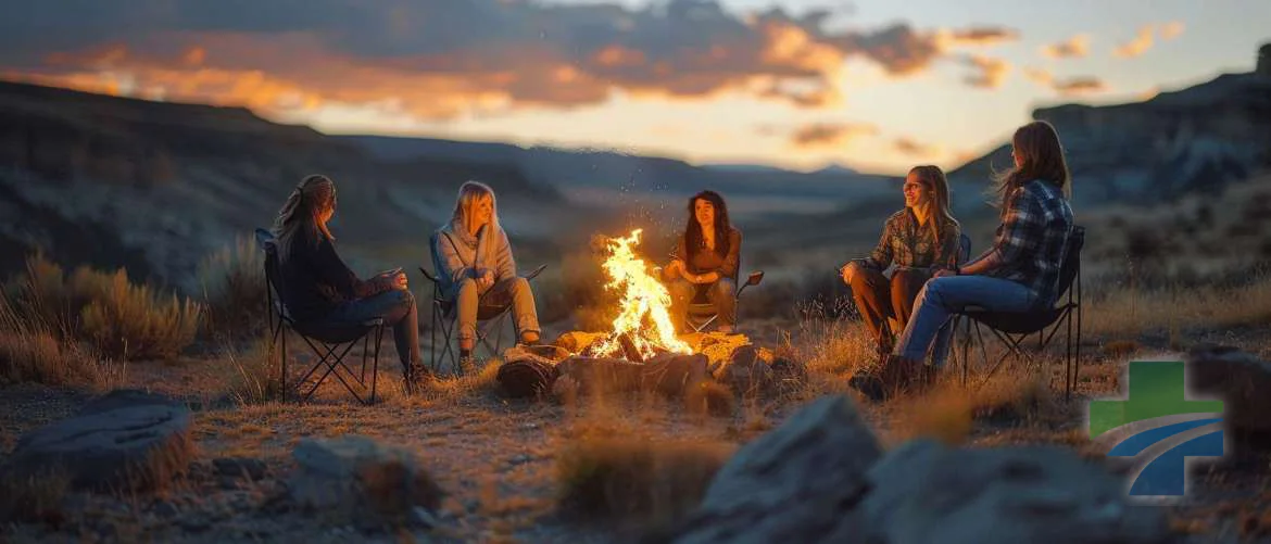 Travel nurses sharing mental health strategies around a fire pit, radiating warmth and support.