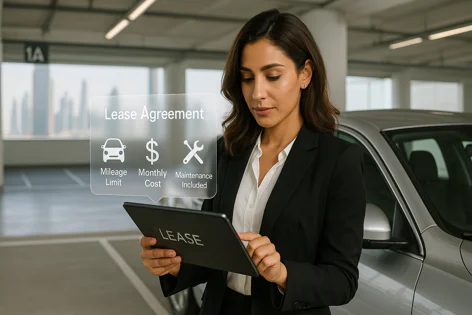 A woman reviews a holographic car lease agreement interface showing details like mileage limit, monthly cost, and maintenance next to a car in a parking garage.