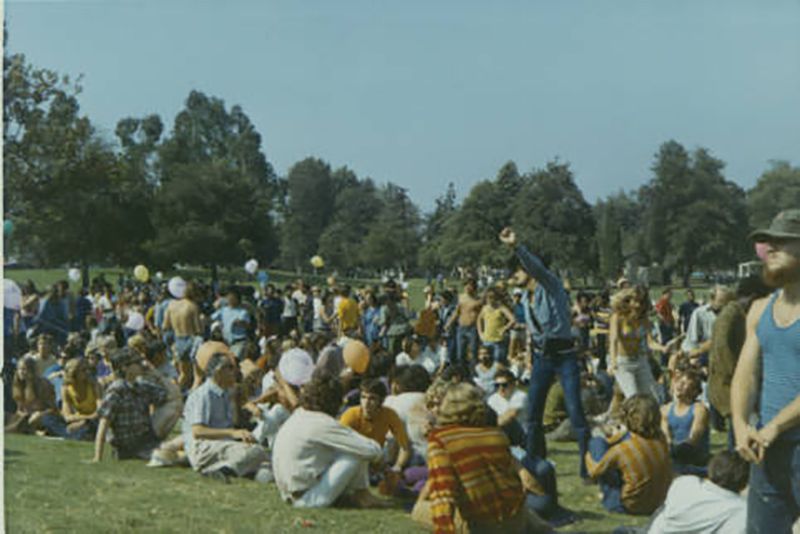 Colored photo of a very large crowd of people sitting in a park in protest.