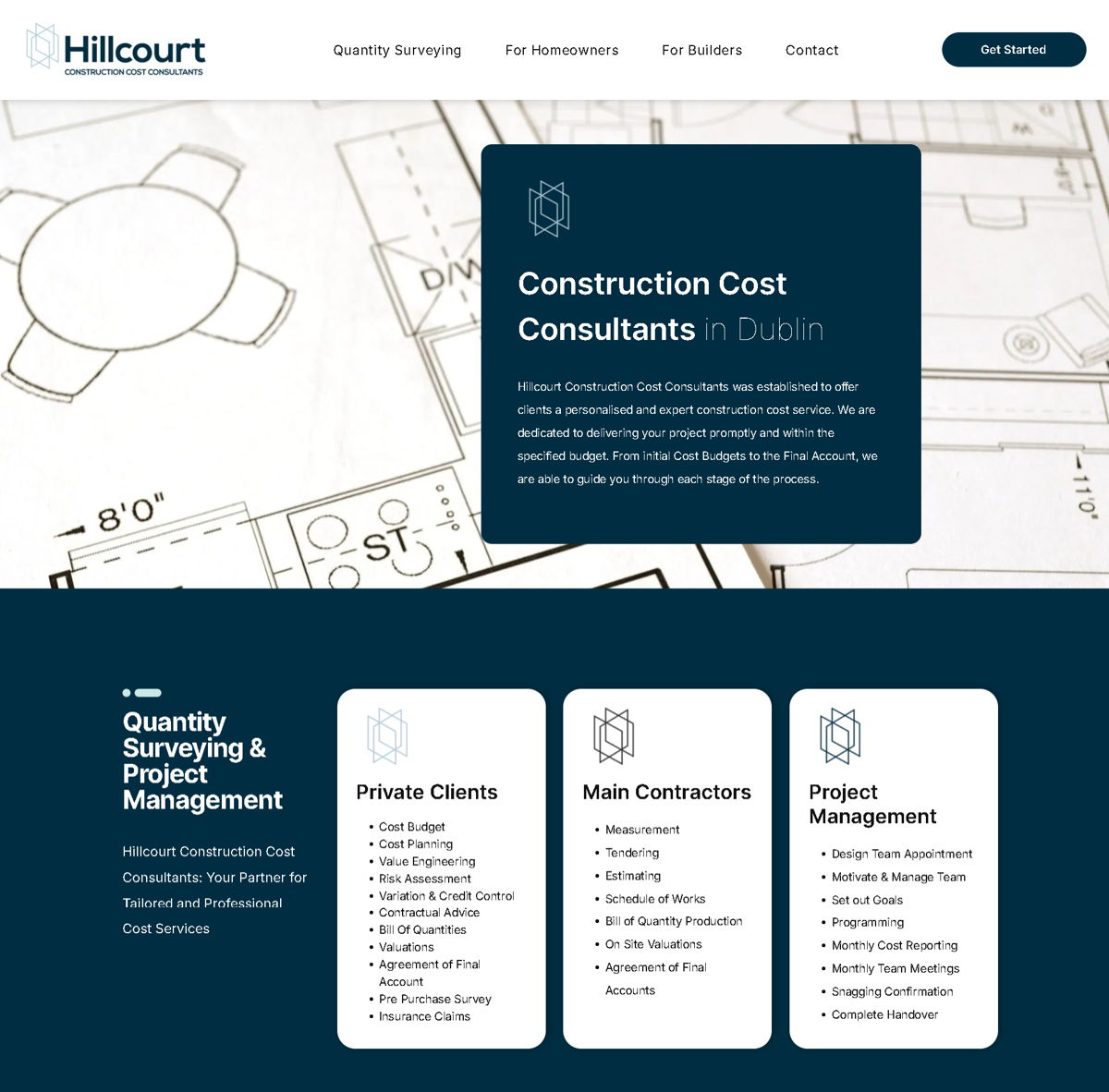 Screenshot of Hillcourt Construction Cost Consultants , from the duda websites collection.