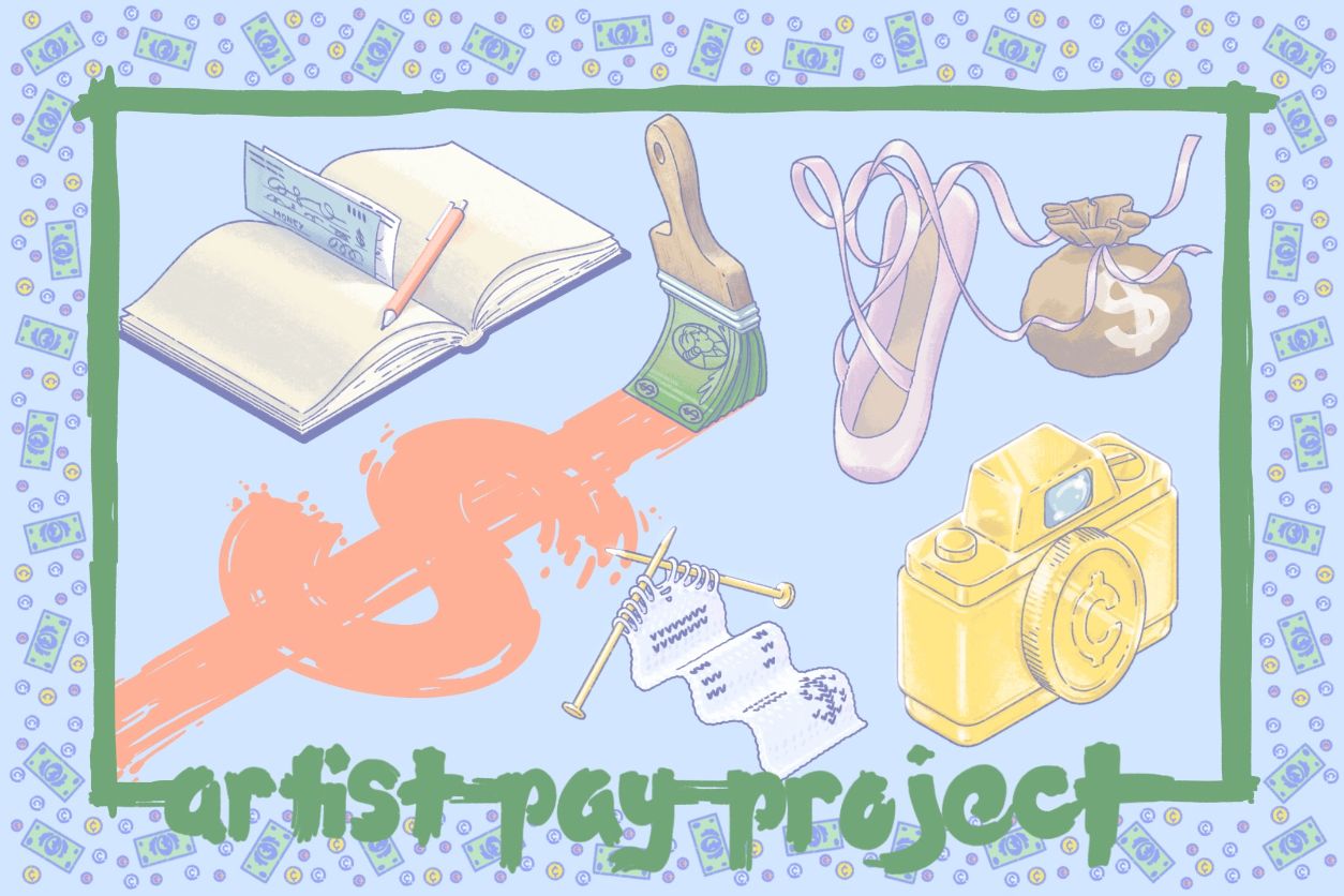 Collage image for the artist pay project. Includes a book, paintbrush made of dollar bills, a ballet slipper, knitted recipt