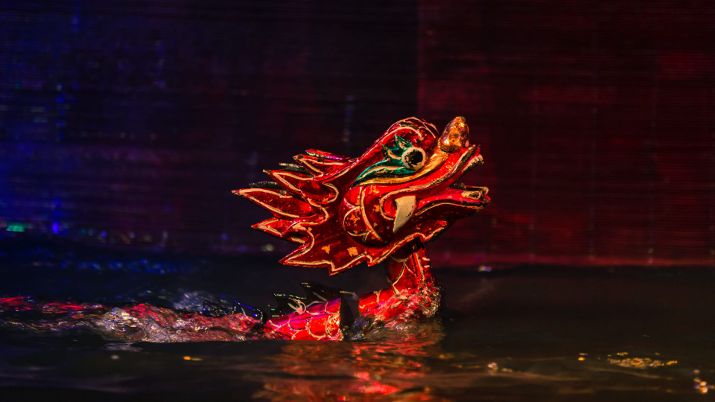 Puppeteers undergo extensive training to master the art of controlling puppets with hidden rods and strings beneath the water in water puppetry in Vietnam