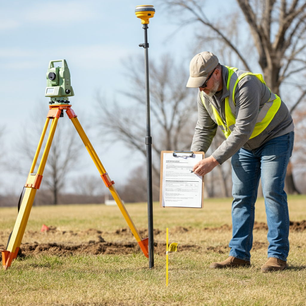 A land surveyor working on a Metro Chicago property, measuring boundaries with modern equipment. Survey stakes mark property lines, and a survey cost estimate document is visible on a clipboard showing typical fees of $350-$500.