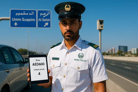 Dubai Police officer holding a tablet showing a AED600 fine and 4 black points, standing by a highway with speed camera.