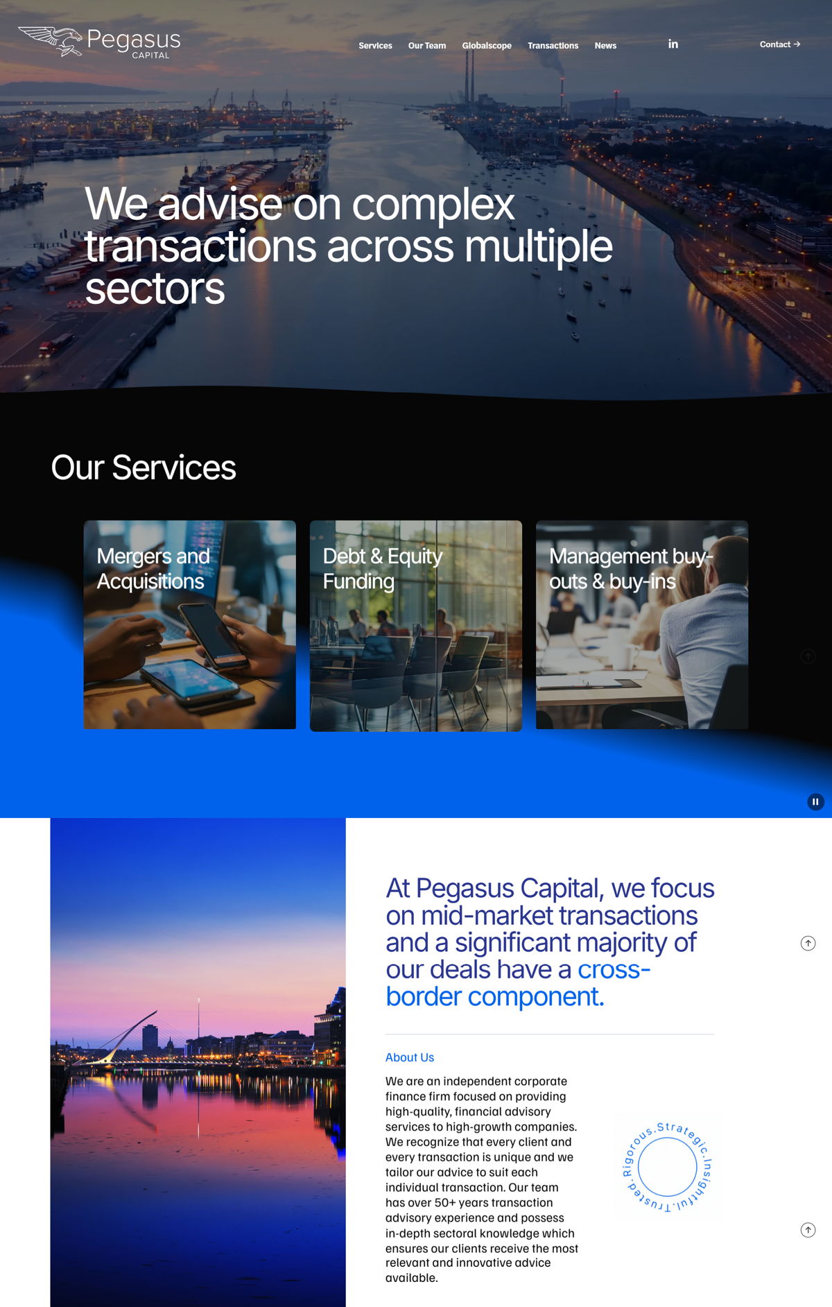 Screenshot of Pegasus Capital, from the service page design examples collection.