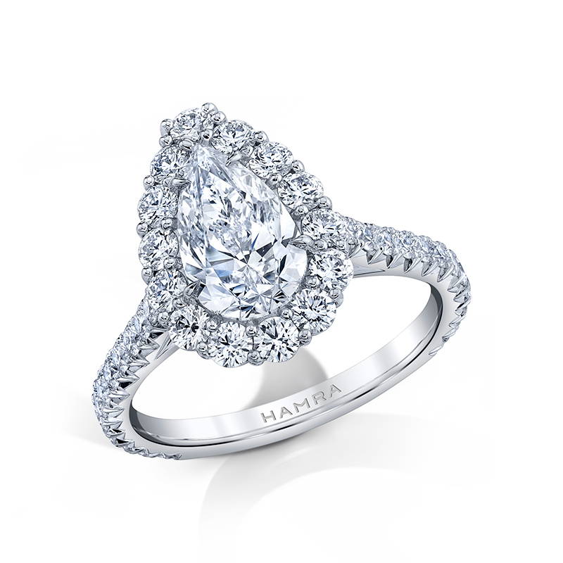 teardrop or pear shaped diamond ring with halo