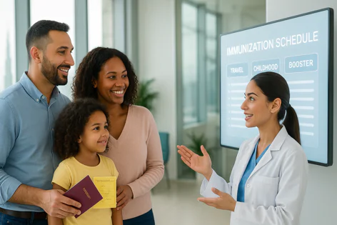 Smiling family discusses immunization schedule with a doctor. Father holds a passport and vaccine record near a screen displaying travel, childhood, and booster shots.
