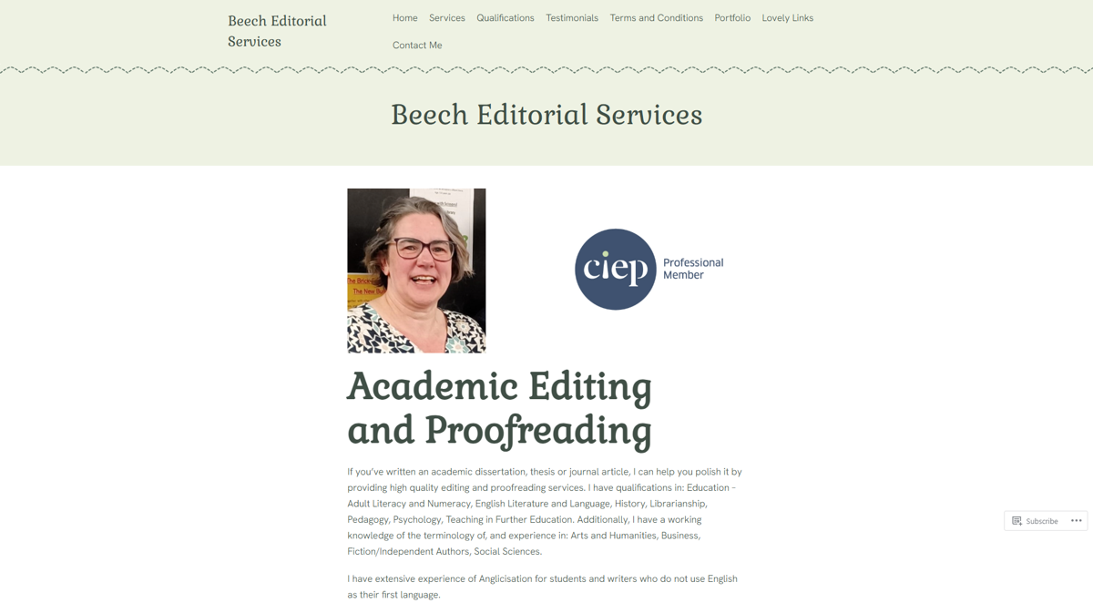 Screenshot of Beech Editorial Services, from the content editor & proofreader portfolios collection.