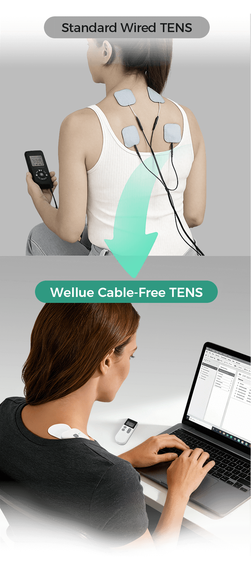 مقارنة توضح وحدة التحفيز الكهربائي للأعصاب عبر الجلد السلكية المزودة بكابلات مقابل جهاز Wellue للعلاج بالتحفيز الكهربائي للأعصاب عبر الجلد اللاسلكي بدون أسلاك.