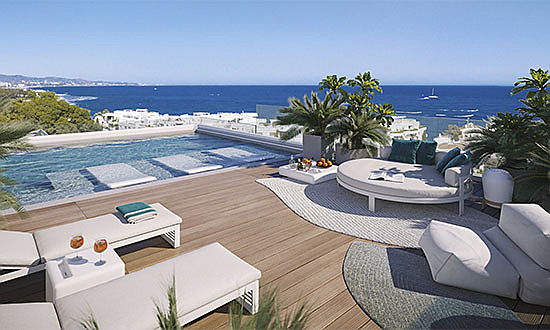  Marbella
- The standard penthouses consist of 3 bedrooms, a double-height living room, an elevator, and a stunning rooftop terrace boasting a private pool, from where one can enjoy the breathtaking sea views. in addition, they offer 2 underground parking spaces, a storage room and two of the bedrooms embody private terraces, the perfect place to have an idyllic breakfast in the warm Mediterranean morning sun.