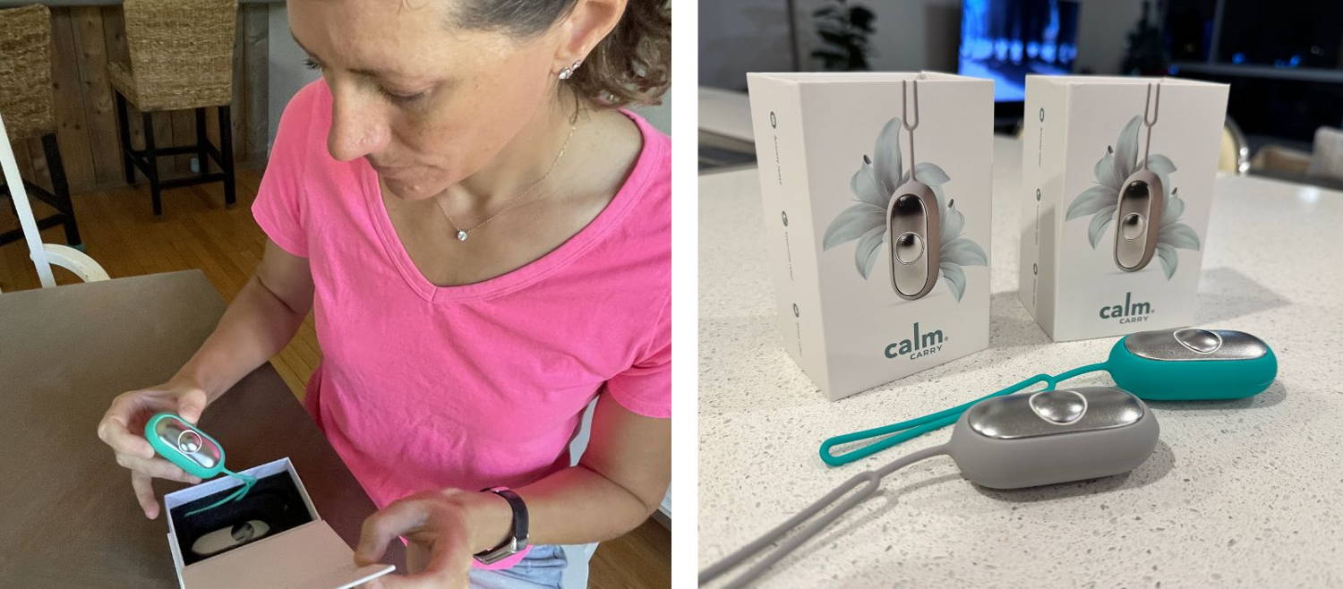 Parent unboxing CalmCarry with two devices and cases on the kitchen counter