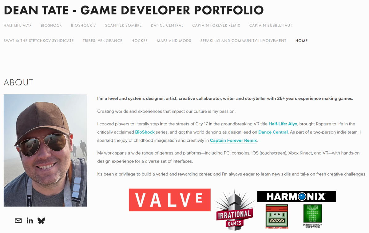 Screenshot of Dean Tate, from the game developer portfolios collection.