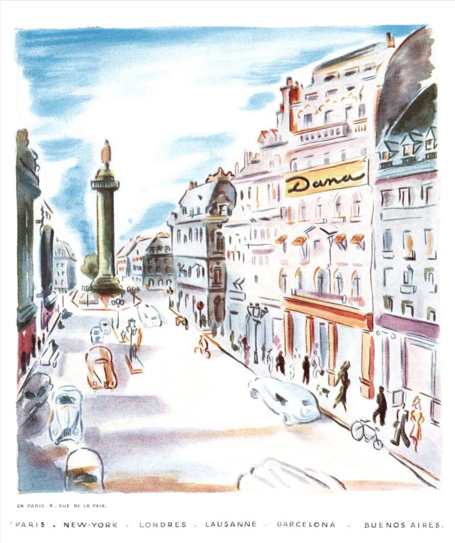 Vintage illustration in color of Dana offices in rue de la Paix, Paris in late 1930s.