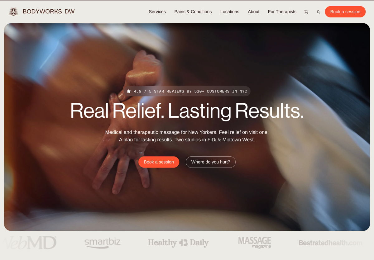 Screenshot of Bodyworks DW NYC, from the local business websites collection.