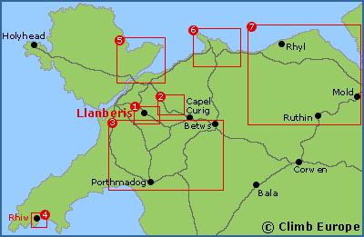 Map of the main bouldering areas in North Wales