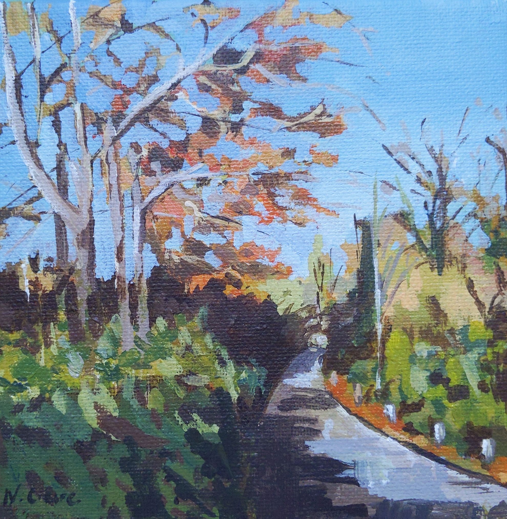 Painting of autumnal wooded path 