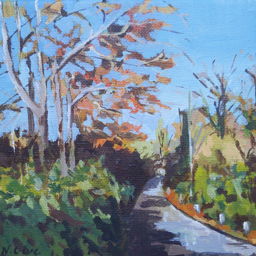 Painting of autumnal wooded path 