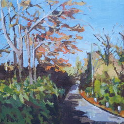 Painting of autumnal wooded path 