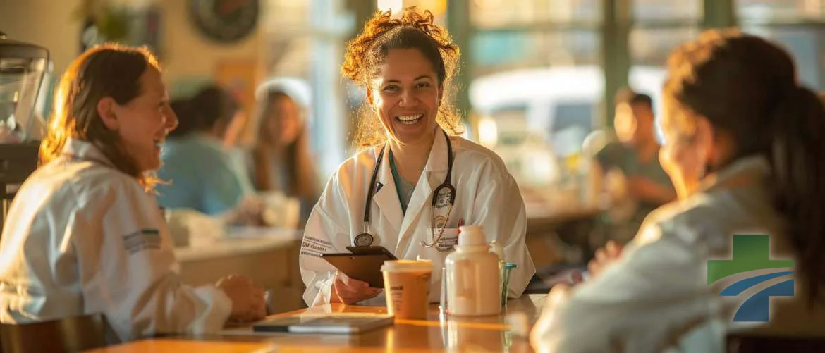 Nurses sharing stories and laughs around a coffee table in a hospital