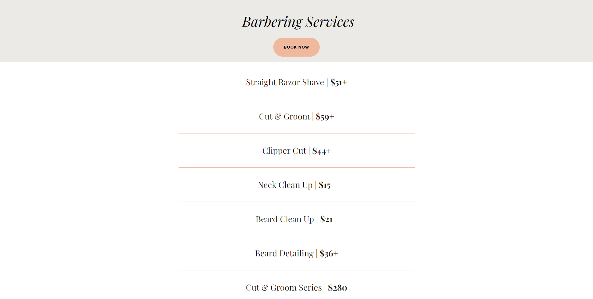 Barbering services and their prices.