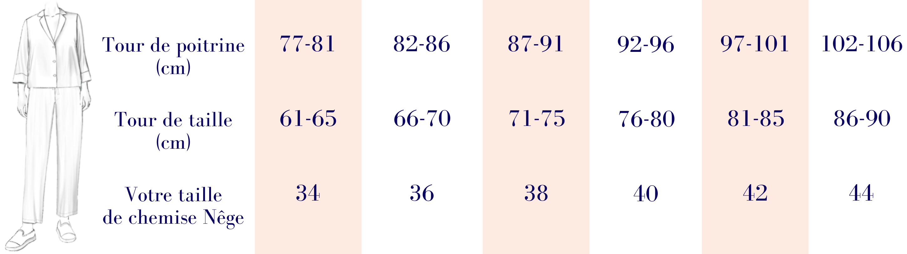 Nêge Paris – Tableau de mesures des tailles de chemise de pyjama