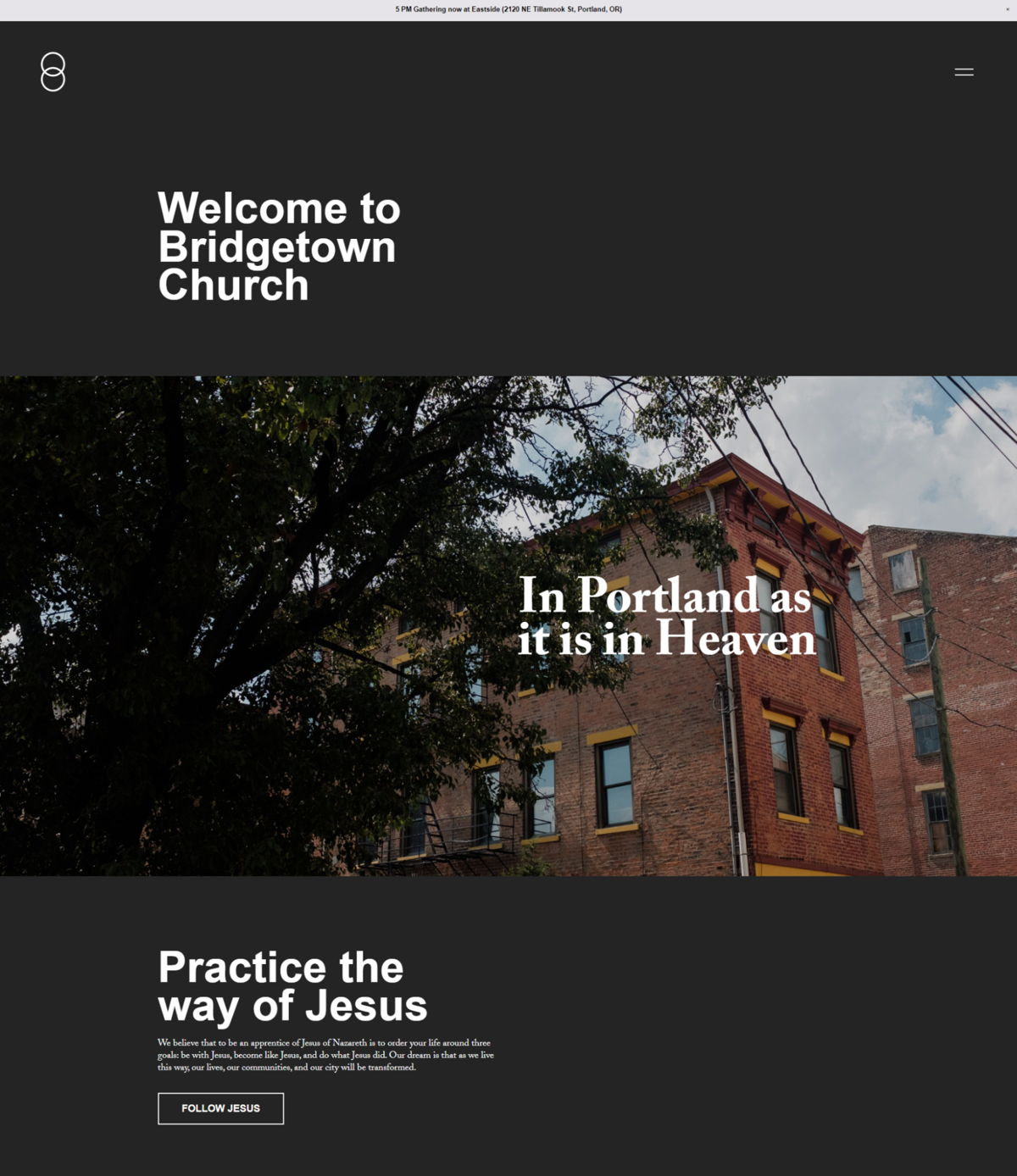 Screenshot of Bridgetown Church, from the squarespace church websites collection.