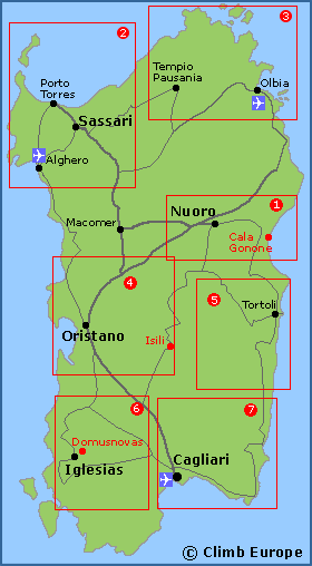 Map of the main rock climbing and bouldering areas within Sardinia